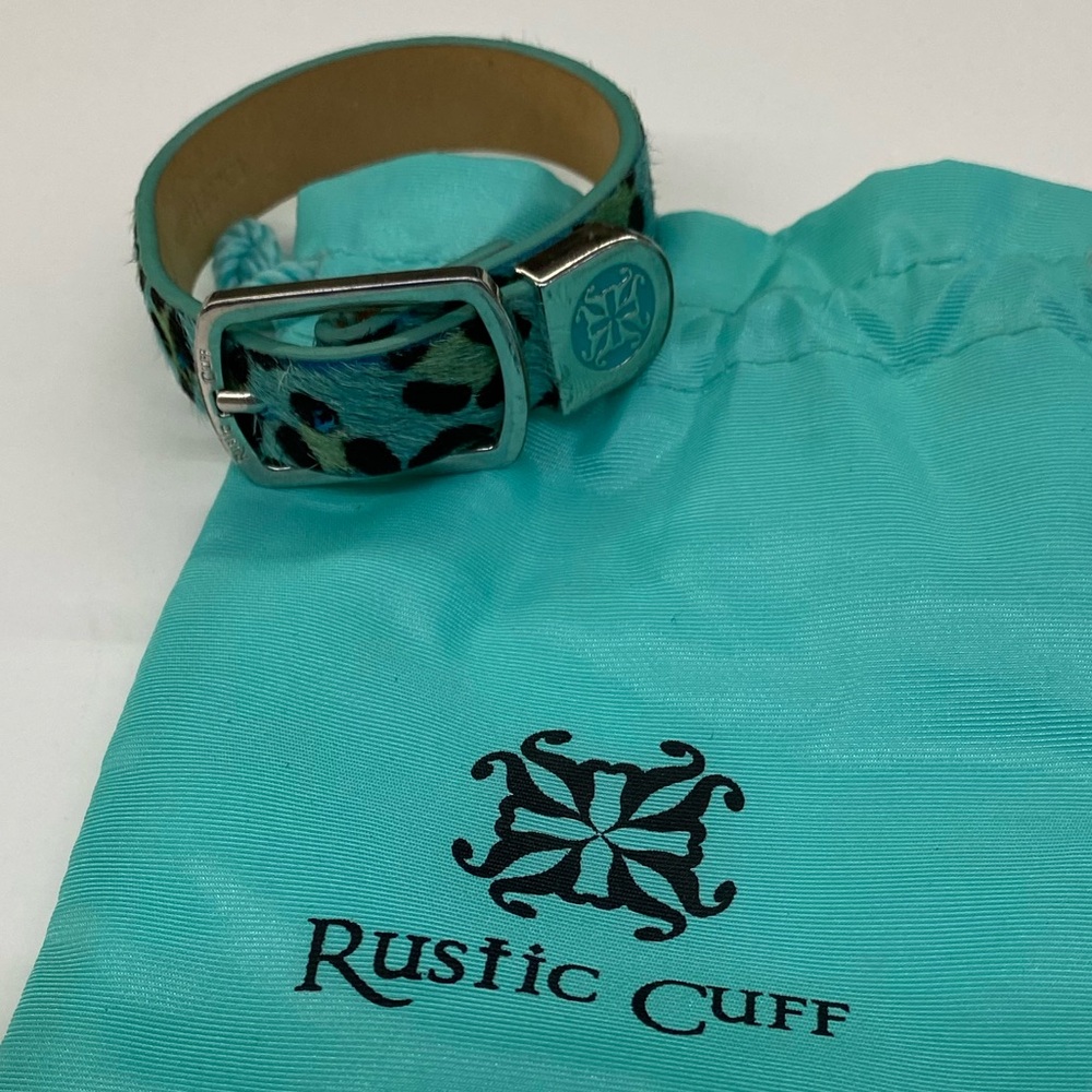 Rustic Cuff Teal Leopard Print Leather Bracelet with Pouch